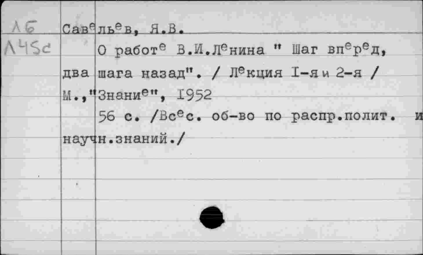 ﻿АС	С!аве	льев, Я.В*
		0 работе В.И.Ленина " Шаг вперед,
	два	шага назад”. / Лекция I—я и 2—я /
	м . ”	Знани6”. 1952
		56 с. /Всес. об-во по распр.полит. и
		
	нау\	н•знаний./
		
	»	
		
		
		